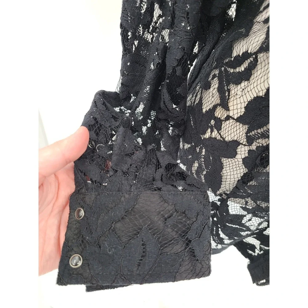 Whimsigoth Lace Ariat Women Top L Button Up Mesh Layering Floral Collar Layering